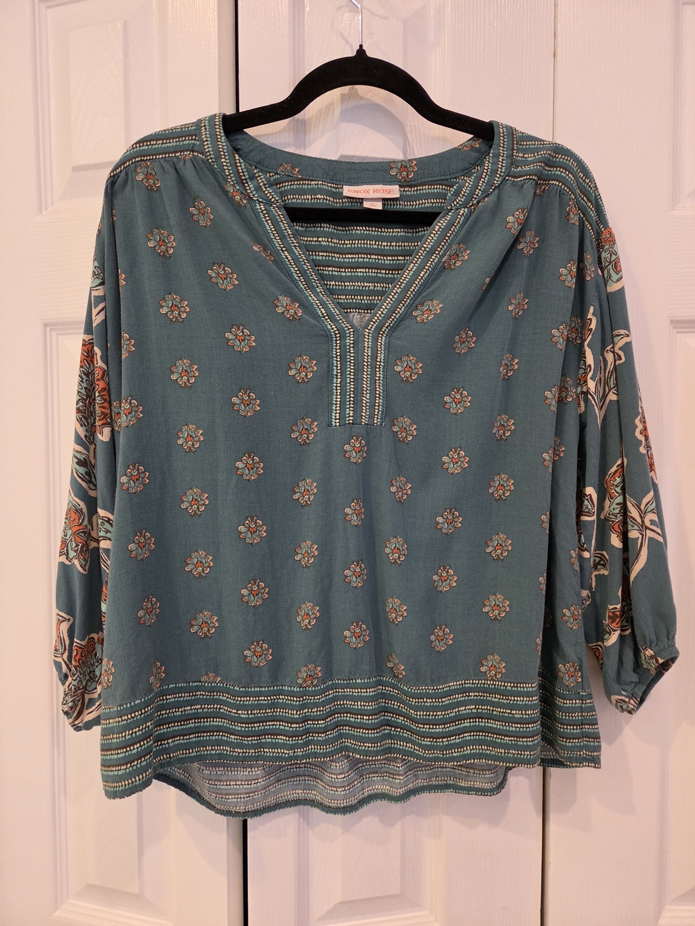 Knox Rose Teal Floral Embroidered V-Neck Boho Tunic